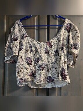 Thorn And Fable Floral Script Puff-Sleeve Crop Top - Sz 2